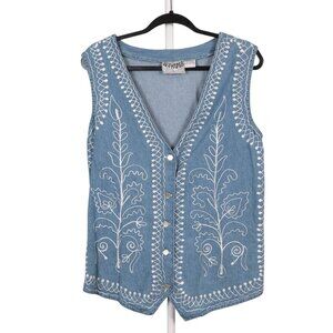 VTG Denim Vest L Boho Embroidered Leaves Fairy Festival Indie Button Up Blue